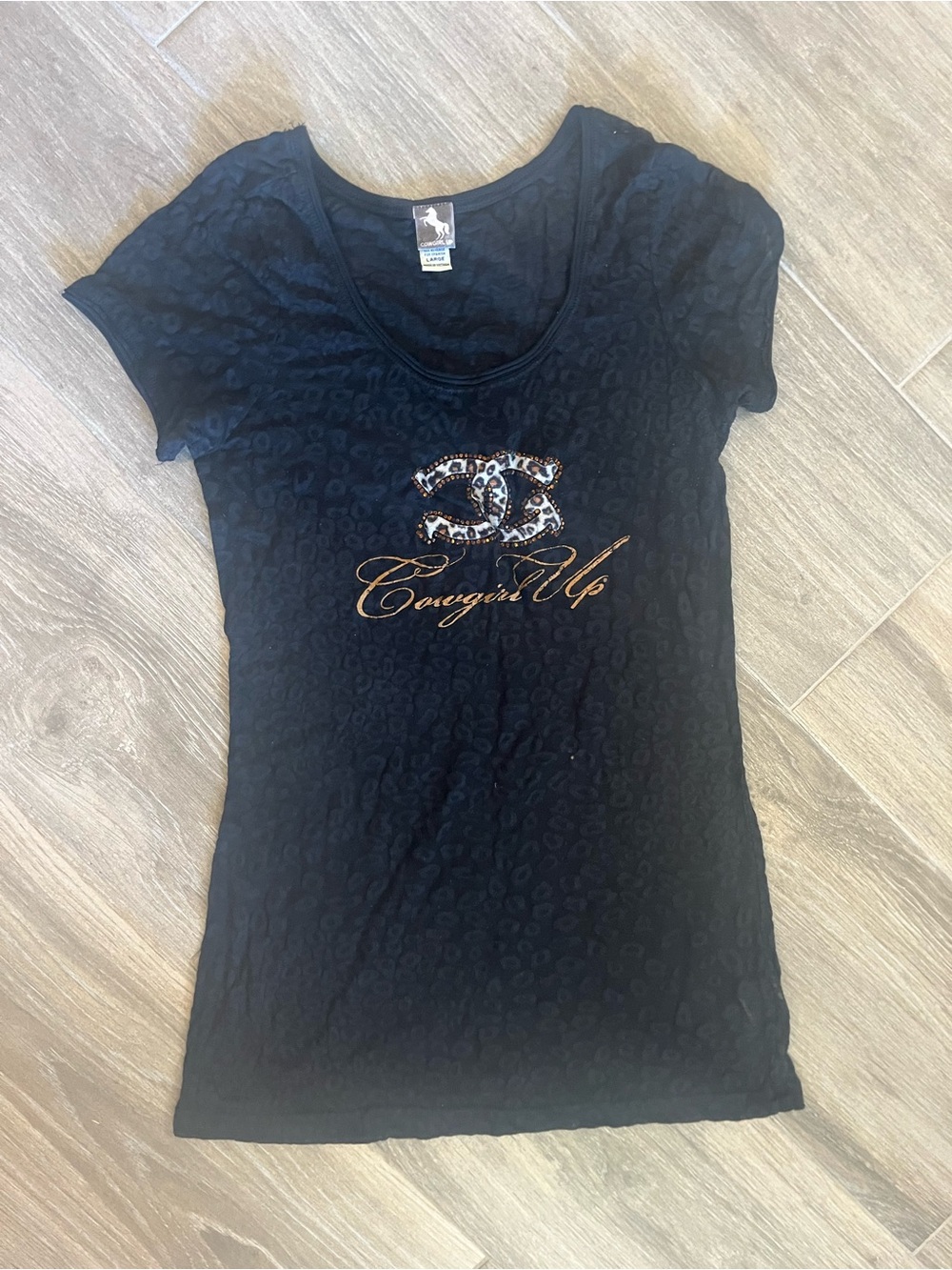 Cowgirl Up Women's Black Sheer Short-Sleeve Tee with Metallic Logo